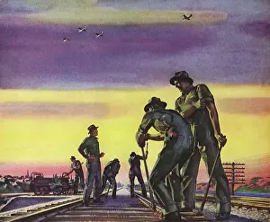 Railroads: Railroad Workers watch Planes Overhead