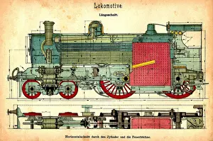 Outlines: railway, locomotive, cross section, construction