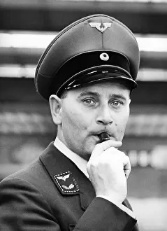 Bundesbahn: railway, staff, train dispatcher with wistle