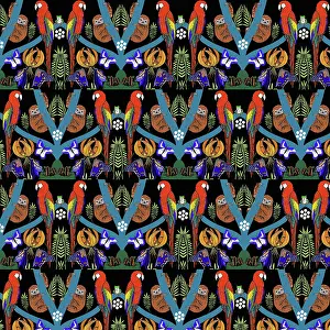 Parrots: Rainforest scene with parrots, sloths, frogs and butterflies