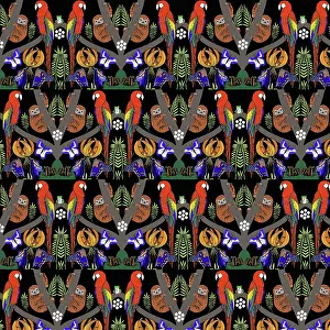 Parrots: Rainforest scene with parrots, sloths, frogs and butterflies