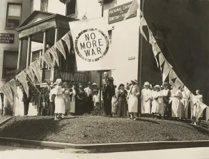 Anti War: Raising the No More War banner over the HQ of
