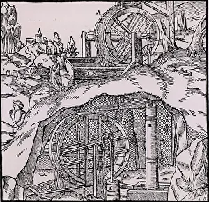 Pumps: Raising water from a mine (Basle, 1556). Woodcut