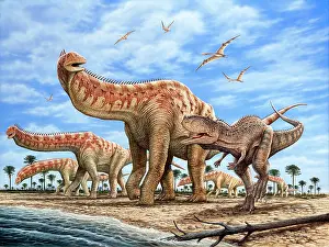 Macronaria: A Rajasaurus pursues a herd of Isisaurus dinosaurs