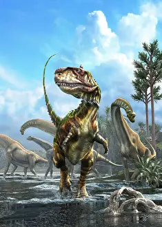 Roaming: Rajasaurus stumbles across a herd of Isisaurus dinosaurs