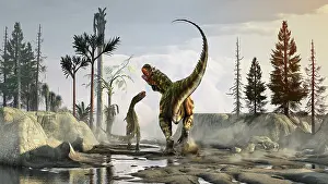 Roaming: Rajasaurus watching over her young