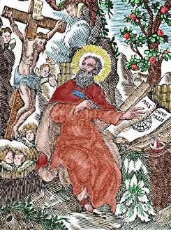 Crucifix: Ramon Llull (1235-1316). Colored engraving