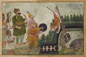 Rawat: Rawat Gokul Das of Deogarh with a snared tiger