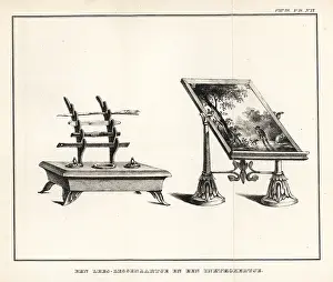 Inkwell: Reading lectern with landscape and ink stand with