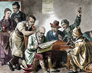 Barmaid: Reading the newspaper in the tavern. Colored engraving, 1876