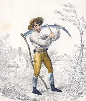 Labourer: Reaper/Haymaker sharpening his scythe with a whetstone
