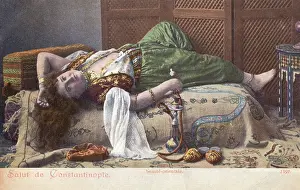 Inlaid: Reclining Oriental Beauty with Hookah Pipe