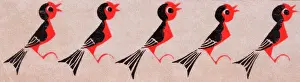 2472: Red and black illustrated bird print, 1930's graphic print