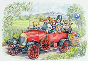 Red Bullnose Morris Car driven by teddy bear