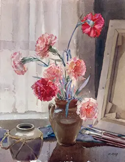 Canvases: Red Carnations ? still life with vases, paint brushes and c
