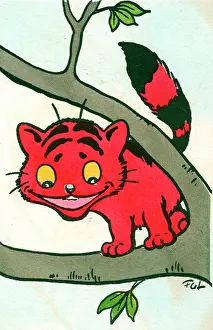 Lewin: Red cat in a tree on a postcard