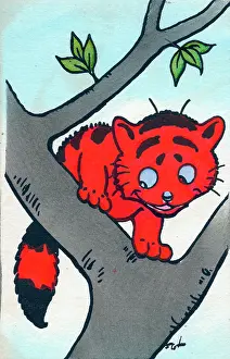 Lewin: Red cat in a tree on a postcard