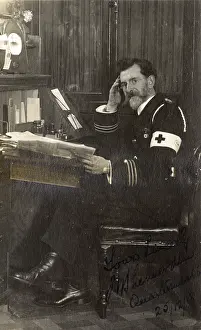 Quartermaster: Red Cross quartermaster in his office, WW1