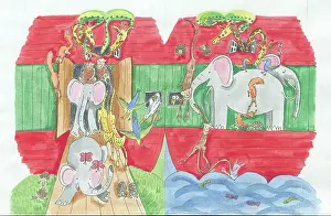 Giraffes: red and green Noahs Ark red with animals
