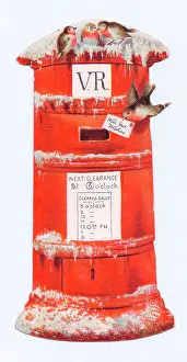 Red pillar box with robins on a Christmas card