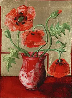 Althea: Three red poppies in a red vase