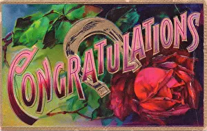 Horseshoes: Red rose and horseshoe on a Congratulations postcard