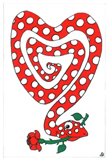 Coiled: Red spotted snake with a rose