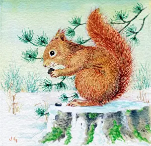 Painitng: Red Squirrel on a tree stump