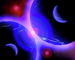 Symmetry: Red stars and blue planets mirrored in a multi-dimensional ?