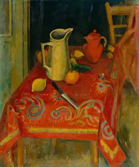 Representational: THE RED TABLECLOTH, by Samuel Halpert, 1915, American