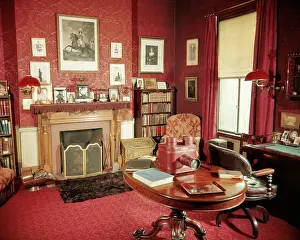 Victoriana: Red Victorian Home Study with Glass Slide Projector Desk