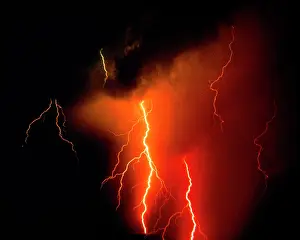 Electrostatic: Red and Yellow Powerful Lightning Bolts Striking