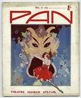 Bacchanalian: Redhead flapper, posed in the mouth of a mask of Pan