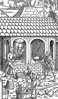 Removing: Refining copper: removing cakes of copper from