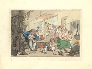 Miseries: Regency cobbler mending shoes in a crowded room