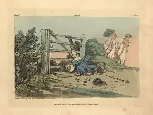 Grog: Regency gentleman falling over a gate while two women watch