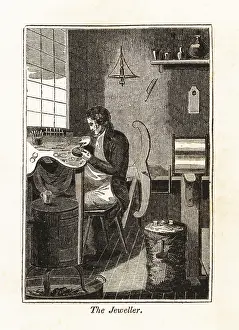 Jeweller: Regency jeweller working at his bench in a workshop