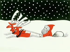 Cute Christmas: Two reindeer pulling Father Christmas in sleigh