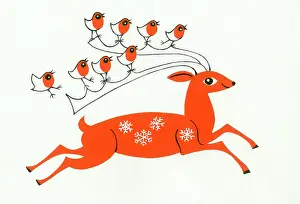 Retro Christmas: Reindeer with eight robins