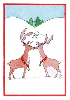 Newcome: Two reindeers with bells and mistletoe