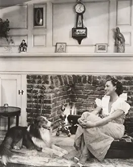 Obedient: Relaxing in front of the fireplace with her collie
