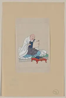 Scrolls: Religious figure, probably a monk, seated, facing slightly r
