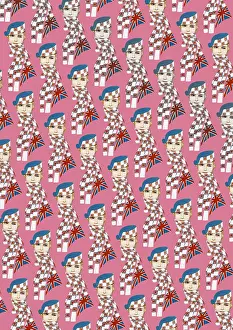 Britain1930s: Repeating Pattern - Girl in Union Jack Flag Scarf, pink