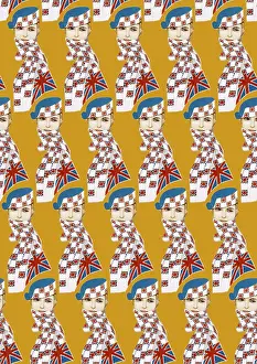 Britain1930s: Repeating Pattern - Girl in Union Jack Flag Scarf, yellow