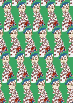 Britain1930s: Repeating Pattern - Girl in Union Jack Flag Scarf, green
