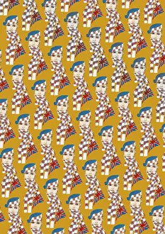 Britain1930s: Repeating Pattern - Girl in Union Jack Flag Scarf, yellow