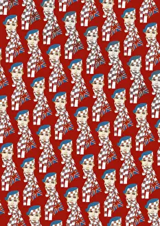 Britain1930s: Repeating Pattern - Girl in Union Jack Flag Scarf, red