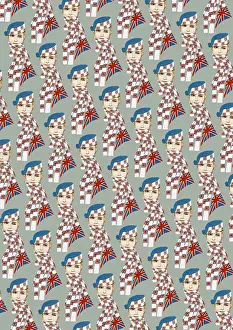 Britain1930s: Repeating Pattern - Girl in Union Jack Flag Scarf, grey