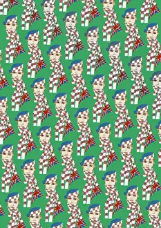 Britain1930s: Repeating Pattern - Girl in Union Jack Flag Scarf, green