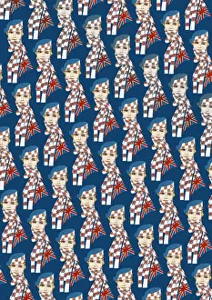 Britain1930s: Repeating Pattern - Girl in Union Jack Flag Scarf, blue